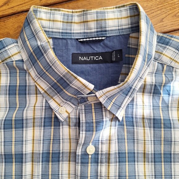Nautica Men’s Cotton Short Sleeve Button Down Blue and Yellow Plaid Shirt Size L - Picture 1 of 8